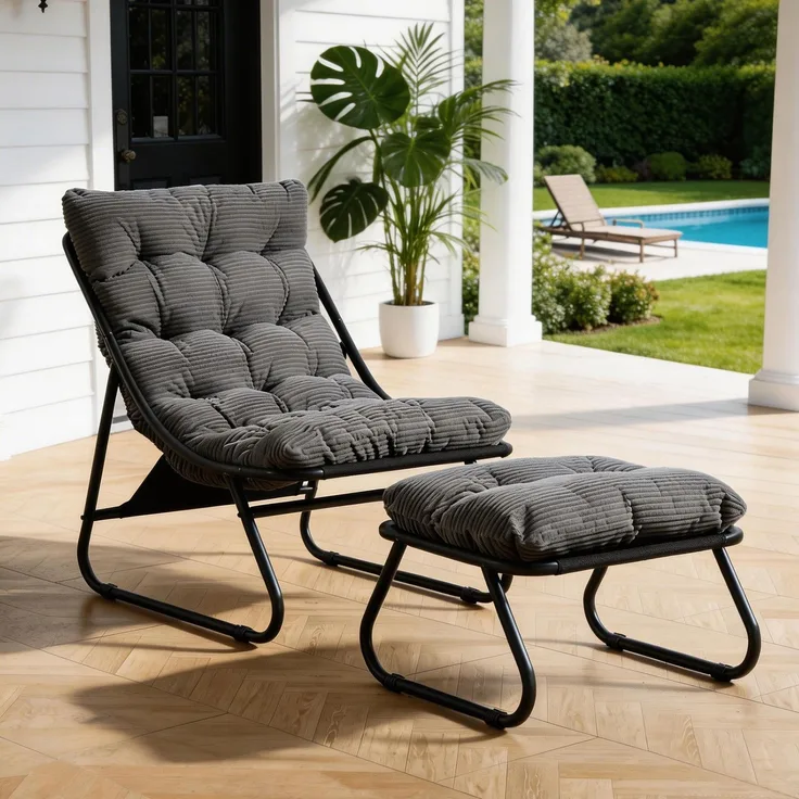 LVHOM Sessel mit Hocker, Gepolsterter Loungesessel aus Cord mit Metallgestell, ergonomischer Relaxsessel für Wohnzimmer und Schlafzimmer, Grau