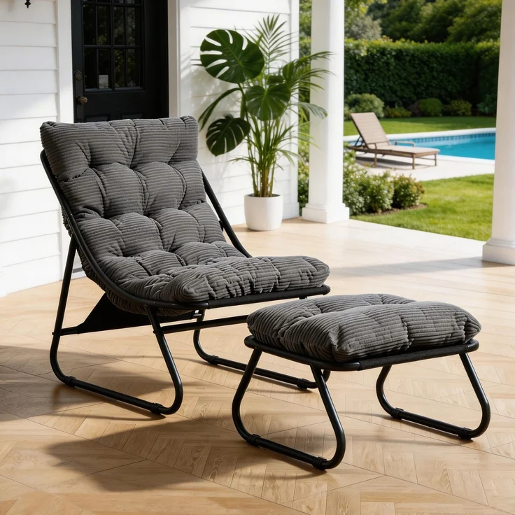 LVHOM Sessel mit Hocker, Gepolsterter Loungesessel aus Cord mit Metallgestell, ergonomischer Relaxsessel für Wohnzimmer und Schlafzimmer, Grau – Bild 1
