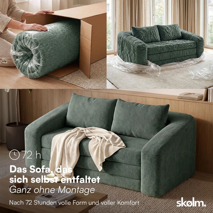 skølm 'Fjäll' Schlafsofa 2 Sitzer mit 2 Kissen, dunkelgrün, Teddy-Bouclé Sofa ausklappbar, mit Liegefunktion, vakuumverpackt ohne Aufbau – Bild 3