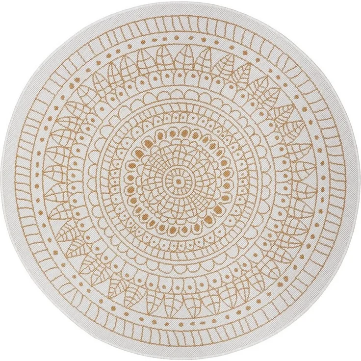 Northrugs Porto In- und Outdoor Teppich Rund – Runder Wendeteppich Wasserfest Mandala Design Flachgewebe Teppich Wetterfest für Balkon, Terrasse, Garten, Wohnzimmer in Ocker, ⌀100cm