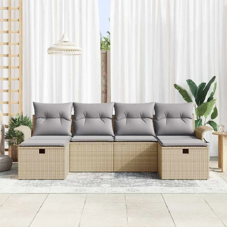 vidaXL Garten-Sofa-Set mit Kissen mit Speicher 6 pcs Beige Poly Rattan 3360251 – Bild 3