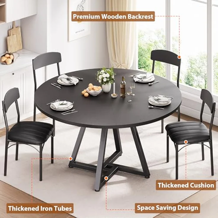 Esstisch Runder und 4 Esszimmerstühle Set, Essgruppe 5-Teilig, Küchentisch mit stabilem Metallgestell und 4 stühle, platzsparender Esszimmertisch aus Holz im Industrial Design (Schwarz, 107cm) – Bild 5