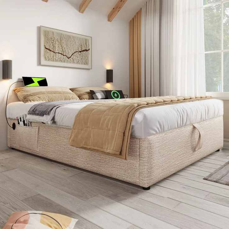 Polsterbett Doppelbett 140×200 cm, Struraumbett Bettgestell mit USB- C und Vollflächiger Lattenrost, Ohne Kopfteil, Leinen, Natürlich – Bild 4