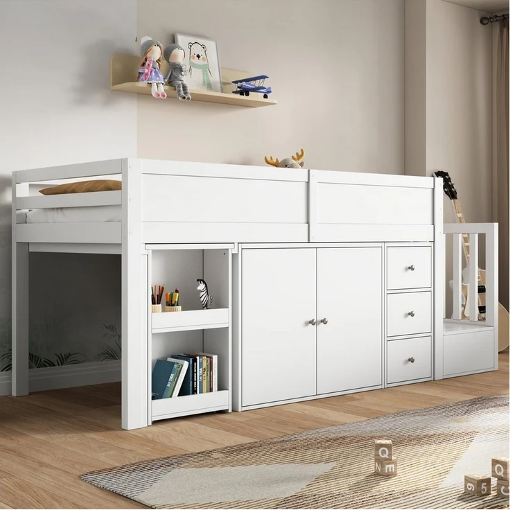 Odikalo Hochbett Kinderbett Ausziehbarem Schreibtisch Treppeschrank Ohne Matratze90x200 – Bild 2