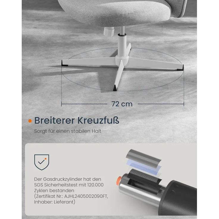 SONGMICS HOME Schneidersitz Stuhl, Schminkstuhl, Drehstuhl ohne Armlehnen, Schreibtischstuhl, breite Sitzfläche, modern, mit Kreuzfuß, höhenverstellbar, Wippfunktion, Taubengrau OBG046G01 – Bild 6