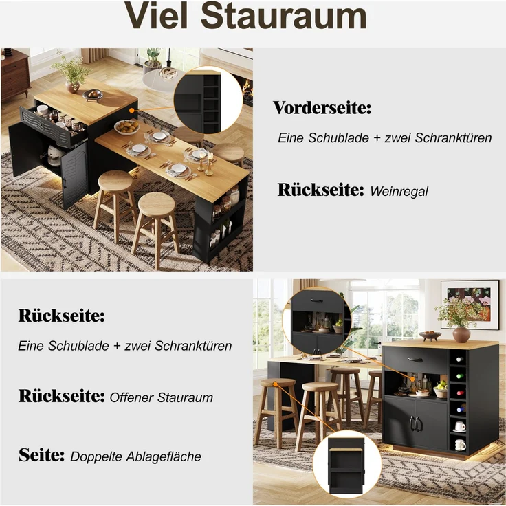 Kücheninsel 80x70x95,5 cm in Schwarz mit Ausziehtisch, Stauraum und Weinregal – Bild 7