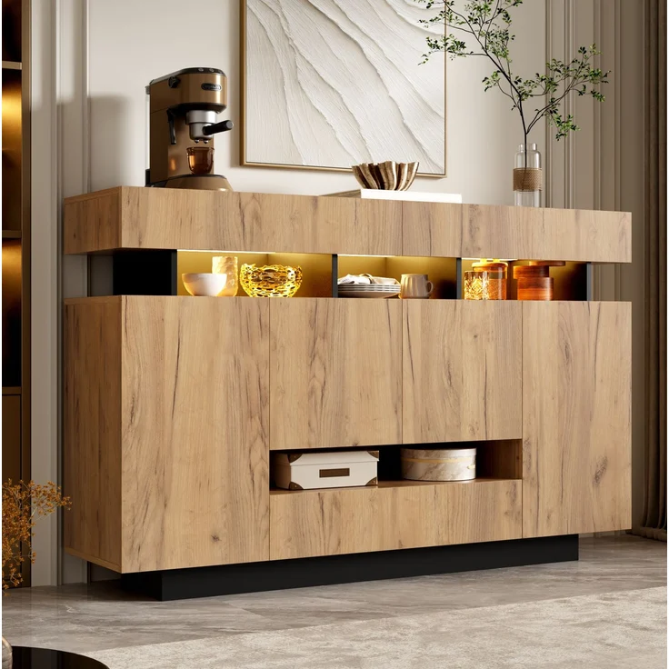 Sideboard 140 x 35 x 90 cm mit 4 Türen, 3 Schubladen und RGB-Beleuchtung – Natur/Schwarz – Bild 4