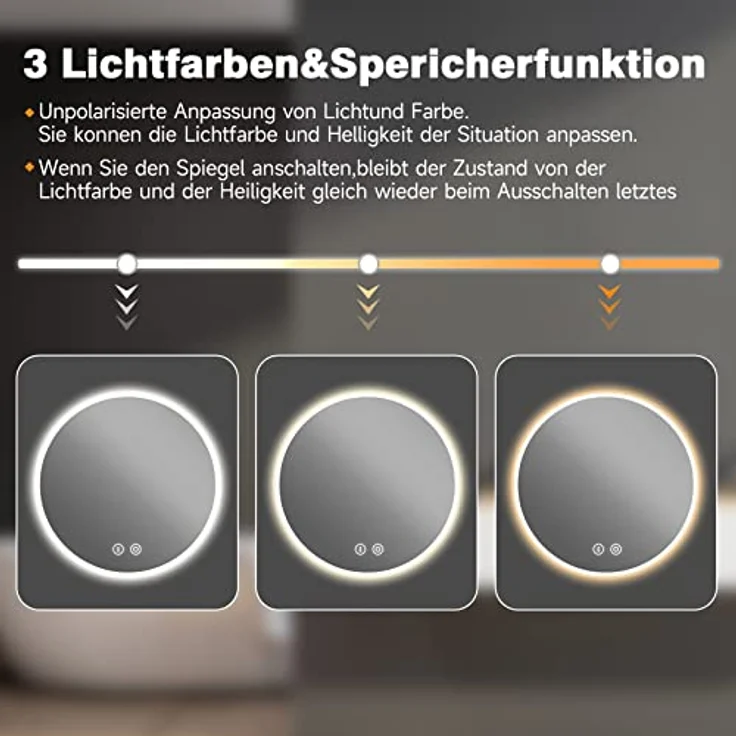 YOLEO Runder Badspiegel mit Beleuchtung, Spiegel rund 60cm mit Beleuchtung, Badezimmerspiegel Wandspiegel mit Touchschalter und Explosionsgeschütztes Glas, 3 Lichtfarben dimmbar, 6500K – Bild 4