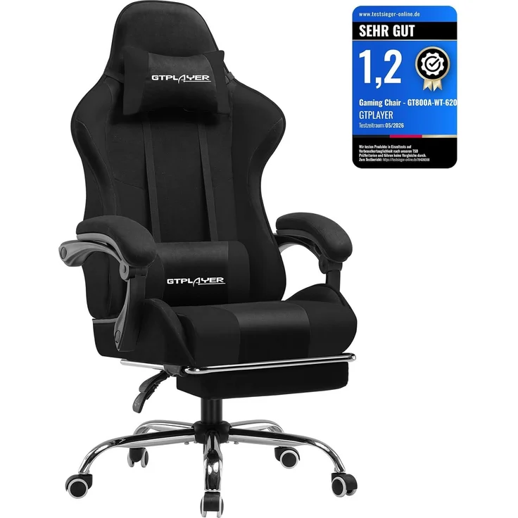 GTPLAYER Gaming Stuhl Stoff, Bürostuhl Massage Gaming Sessel Ergonomischer Gamer Stuhl mit Fußstütze, Kopfstütze Massage-Lendenkissen, Gepolstert Gaming Chair, Drehsessel, weiß – Bild 1