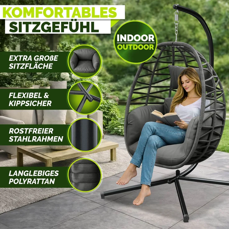 tillvex® Hängesessel mit Gestell Outdoor & wetterfester Abdeckung inkl. Befestigung | Hängekorb klappbar bis 150 kg | Hängesitz aus Rattan | Hängestuhl für Indoor Garten Balkon Terrasse – Bild 3