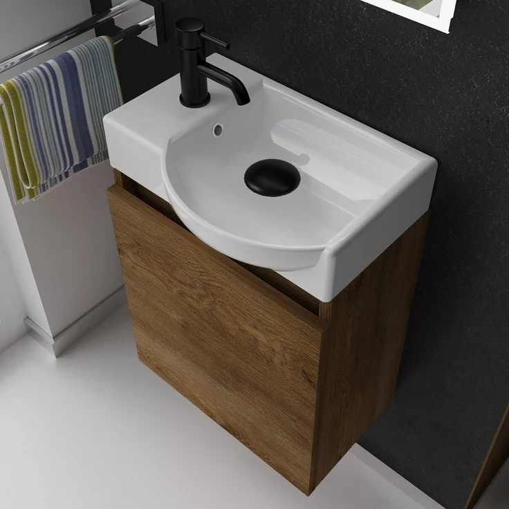 Alpenberger Badmöbel-Set Gäste WC Waschbecken mit Unterschrank - Hängeschrank Vormontiert, (Badschrank 2-tlg, Waschtisch hängend), Waschbeckenunterschrank mit Softclose - Farbe Eiche - Rechts Becken – Bild 2