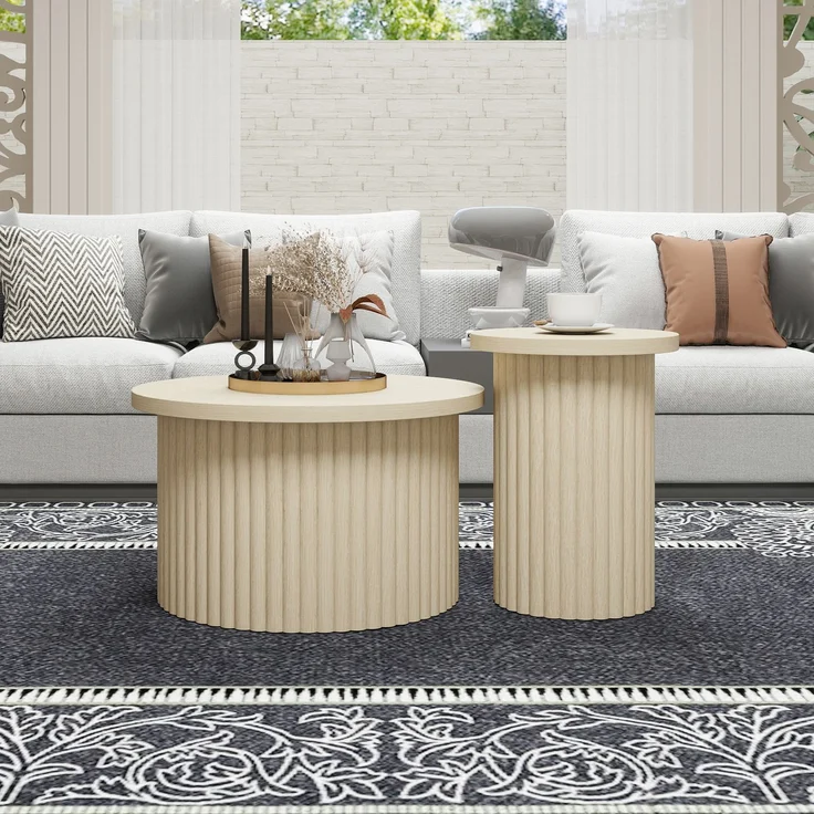 Rundes Couchtisch-Set im 2er-Pack–MDF mit natürlicher Holzoptik,Ø 68.7cm & Ø 40.1cm,stabil und modern – Bild 4