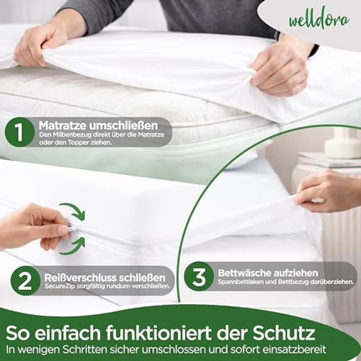 Encasing Premium Milbenbezug Matratzen ǀ Allergiker Matratzenschoner Welldora, fachärztlich getestet, Allergiker Bettwäsche mit Reissverschluss 360° – Bild 6