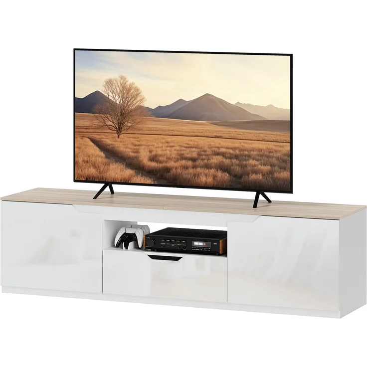 TV-Lowboard, Hochglanz, für Fernseher bis 65'', 3 Fächer, Schublade, 160 x 38 x 43 cm, Naturholz--Naturholz--160x38x43cm--YOUDENOVA – Bild 2