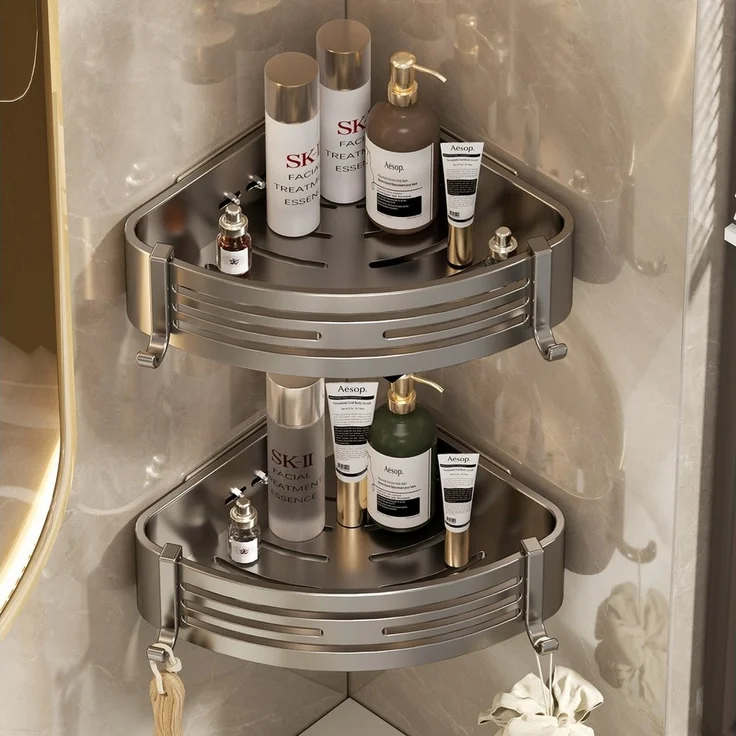 Refined Living Duschregal 2-Stück Eckregal ohne Bohren aus rostfreiem Aluminium für die Dusche, Badezimmer Duschablage Selbstklebendes Oder Bohren 2-tlg, mit 4 Klebeflächen und 4 Haken,für Bäder Küchen Duschgel(Grau&Schwarz) – Bild 5