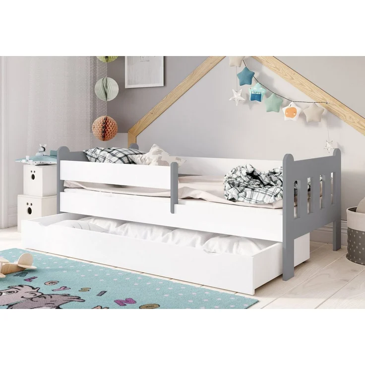 Kids Collective Kinderbett 80x160, 80x180, 90x200 cm mit Schublade, Rausfallschutz & Lattenrost, in weiß-grau 90x200 cm Mädchen Jungen Bett, optional mit Matratze – Bild 1