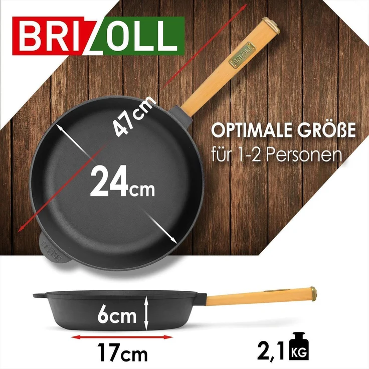 Gusseisenpfanne 24 cm Bratpfanne aus Gusseisen tief Induktion Holzgriff Schmortopf Pfanne – Bild 3