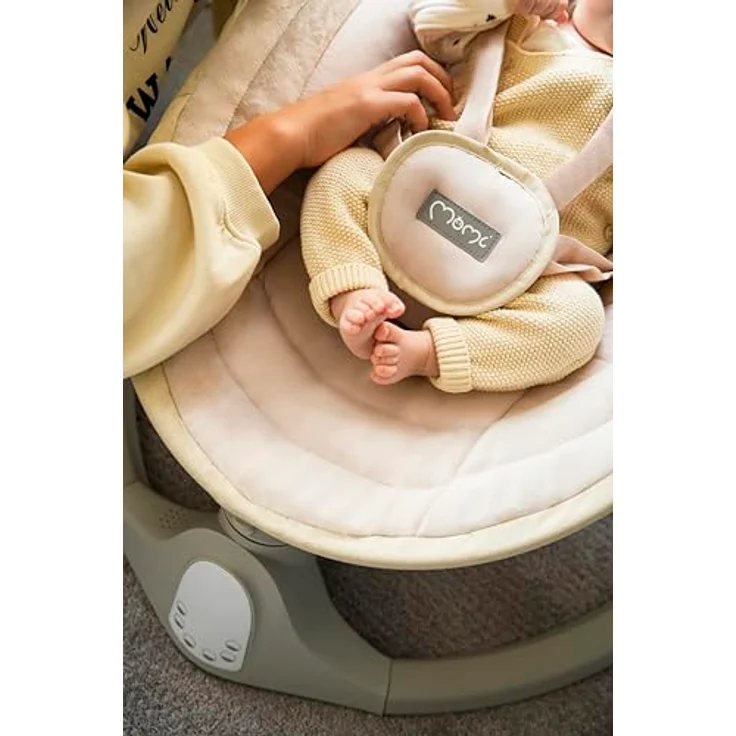 MoMi KENANI SAND Babywippe für Babys bis 9 kg, mit LED-Display, Fernbedienung & Bluetooth für Smartphone, Batterie- oder Stromanschluss, mit 5-Punkt-Sicherheitsgurt, Bügel und Spielzeug – Bild 16