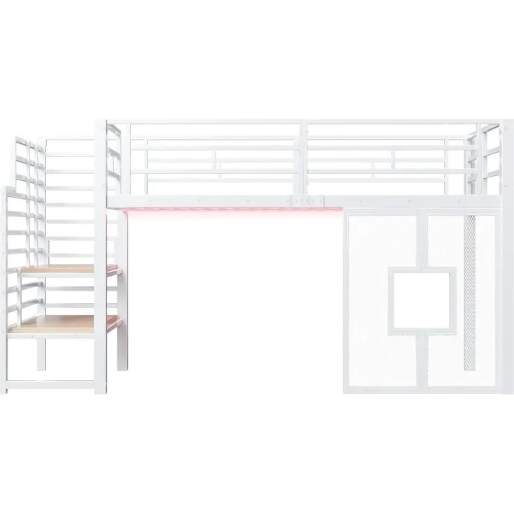 Hochbett mit LED-Streifen, Lattenrost, Rausfallschutz und Fenstern, Treppe mit Regal, 90x200 cm, Einzelbett, Kinderbett, Metall – Bild 7
