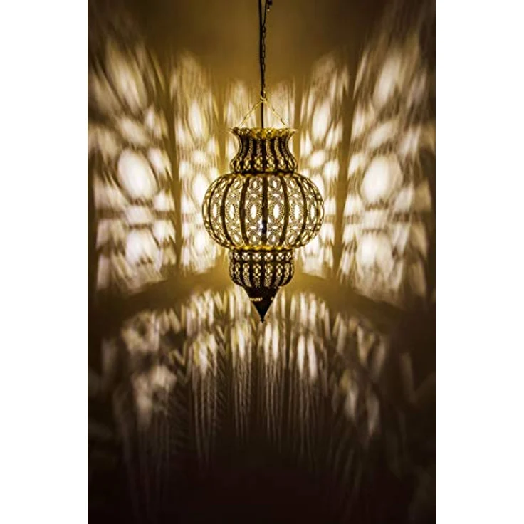 Marrakesch Orient & Mediterran Interior Orientalische Pendelleuchte Isfahan, Gold 50cm, E27 Fassung, Handarbeit aus Marokko, traumhafte Lichtreflexionen und orientalische Schattenspiele – Bild 4