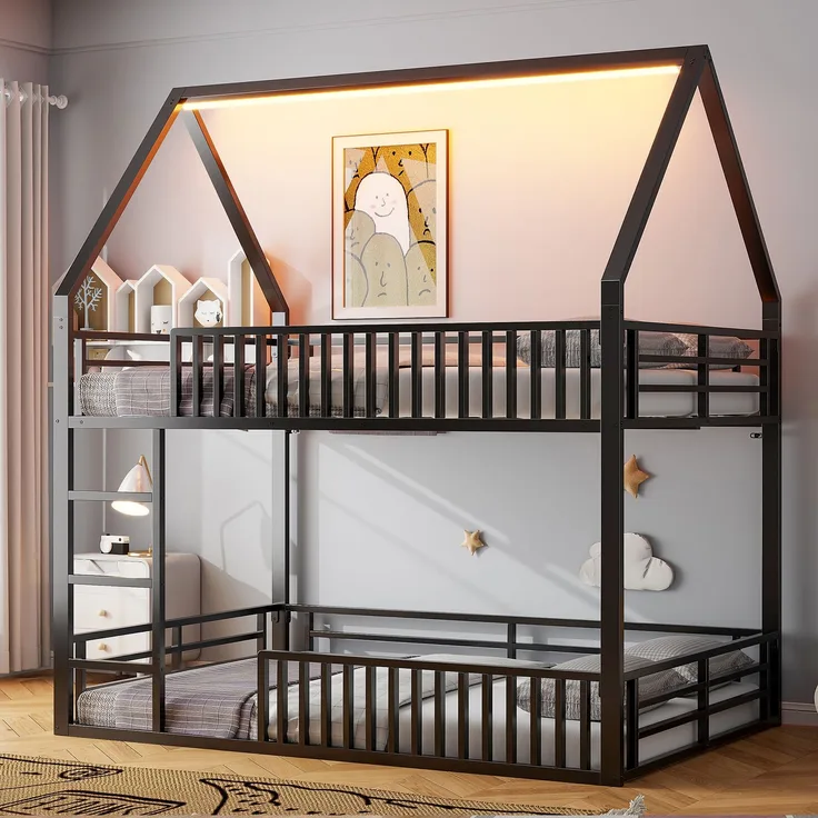 U-life Haus-Etagenbett 140x200 cm mit Sicherheitszaun, LED-Beleuchtung und 2 Lattenrosten, Schwarz