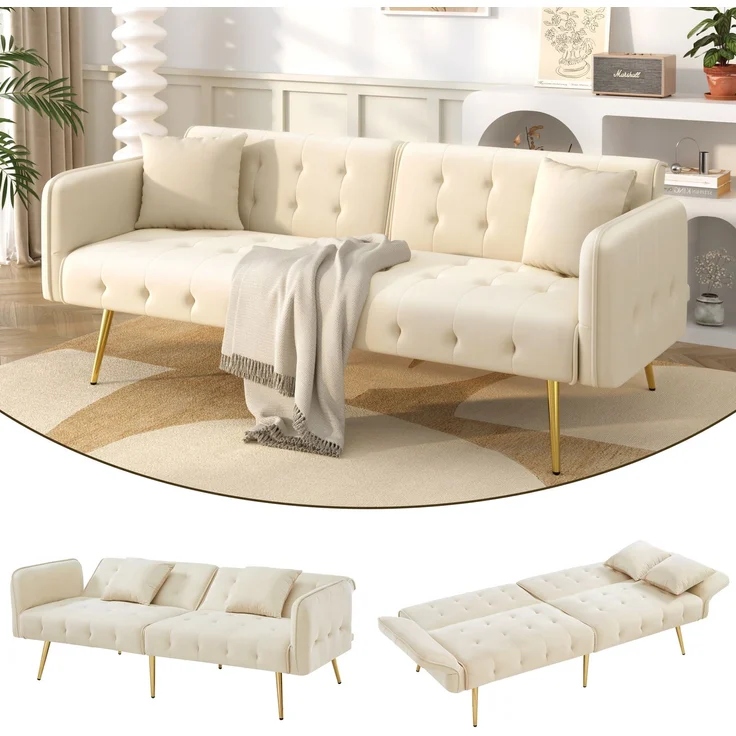 Zweisitzer-Sofabett, verstellbare Rückenlehnen & Armlehnen, Velours, beige, 178x82x70 cm – Bild 4