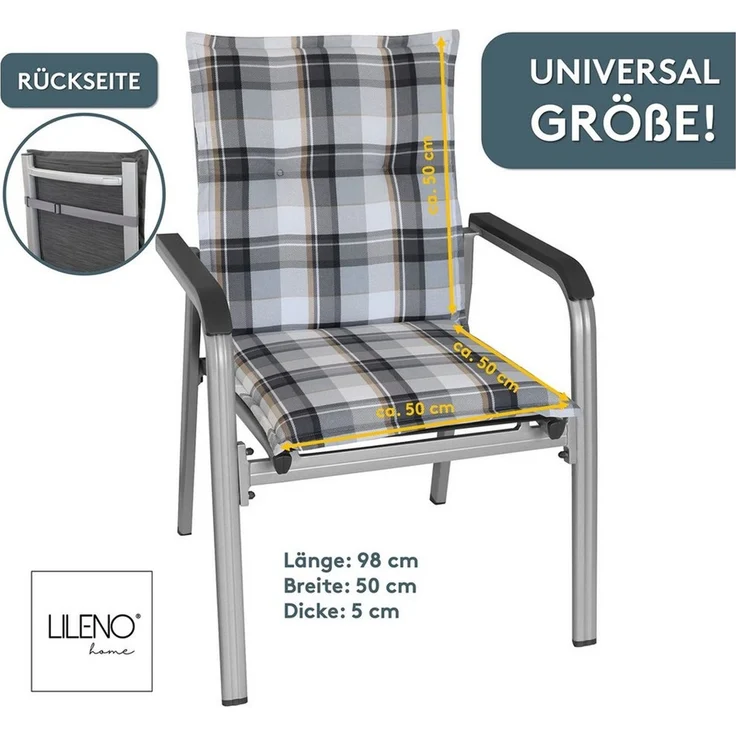 LILENO HOME Polsterauflage Niedriglehner, bequeme Sitzauflage für Gartenstühle, Stuhlkissen, (1 St, 1er Set), Gartenstuhl Auflage in Karo Grau, Sitzpolster waschbar – Bild 2