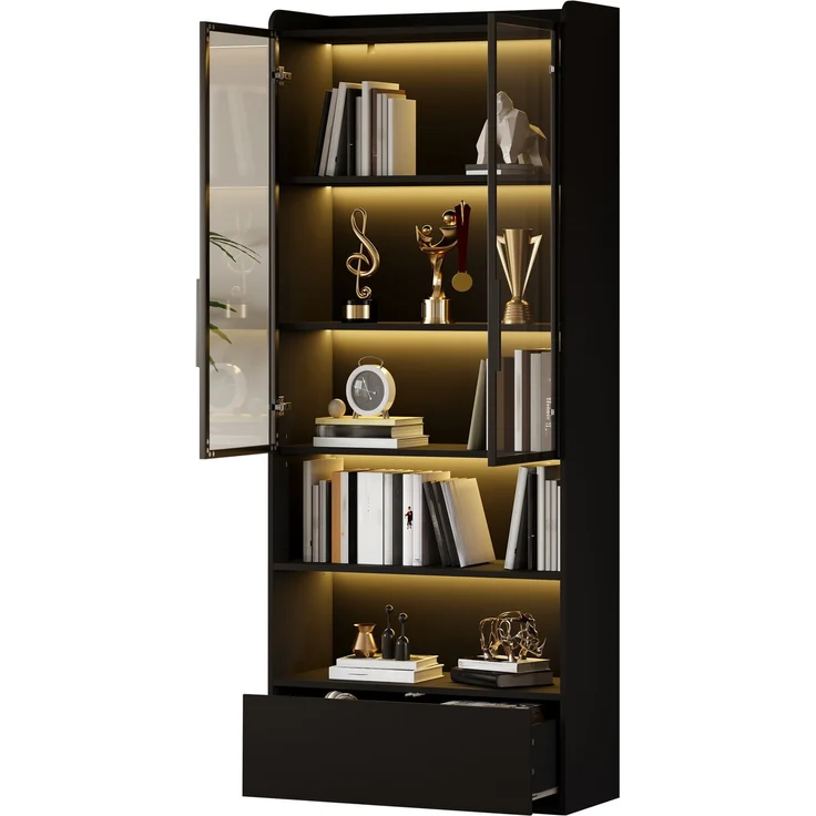 80*34*180cm Vitrine, Hochschrank mit 1 Schubladen und Glasschranktüren, Hochschrank Glasvitrine mit LED und Offene Partition, Standregal Schrank Vitrine,Wohnzimmerschrank mit Glastüren, Schwarz--Schwarz--80x34x180cm--YOUDENOVA – Bild 7