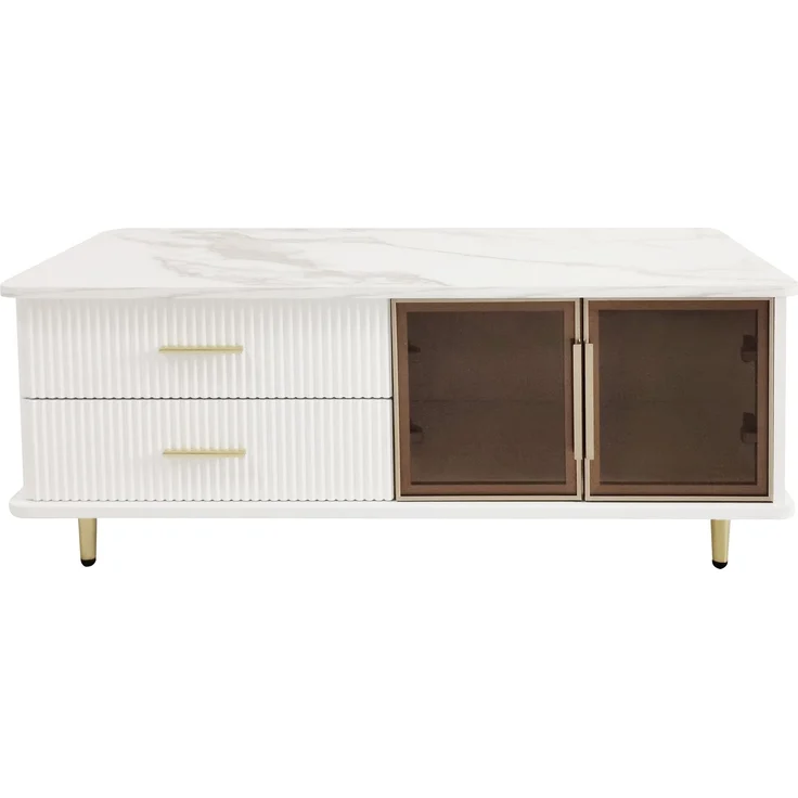 DESVIAE Couchtisch mit LED-Beleuchtung und 2 Schubladen, 100x50x40 cm, Spanplatte, Weiß und Gold – Bild 8