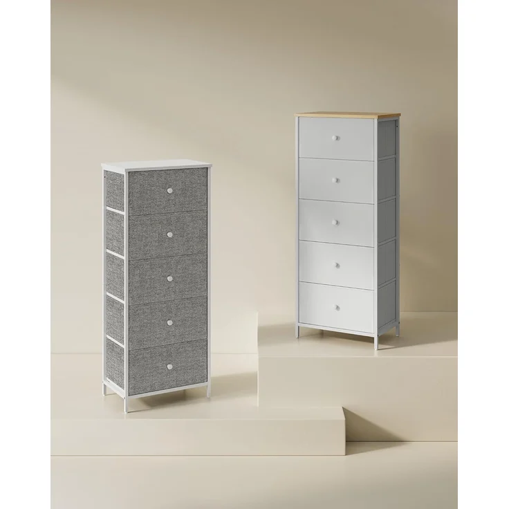 Songmics Kommode, Aufbewahrungsschrank mit 5 Stoff-Schubladen, Metallrahmen, hoch und schmal, taubengrau-cremeweiß LTSDE315G01 – Bild 2