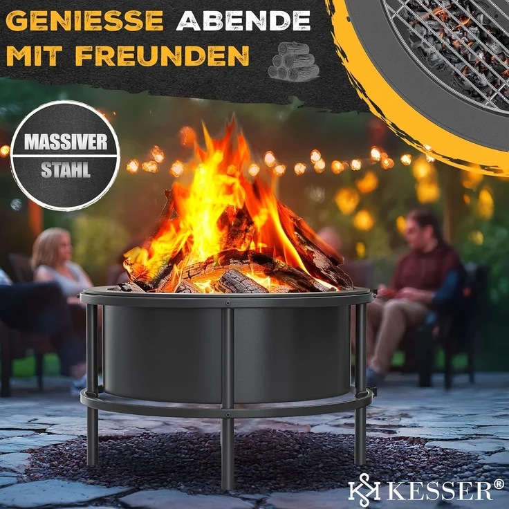 KESSER® Feuerschale mit Grillrost Ø65cm Feuerkorb 0,6mm Kaltveredelter Stahl | mobile Feuertonne mit Reifen | Holz & Kohle Feuerstelle inkl. 60cm Feuerhaken aus Gusseisen, Ø52cm, Bürste & Cover Schwarz – Bild 8