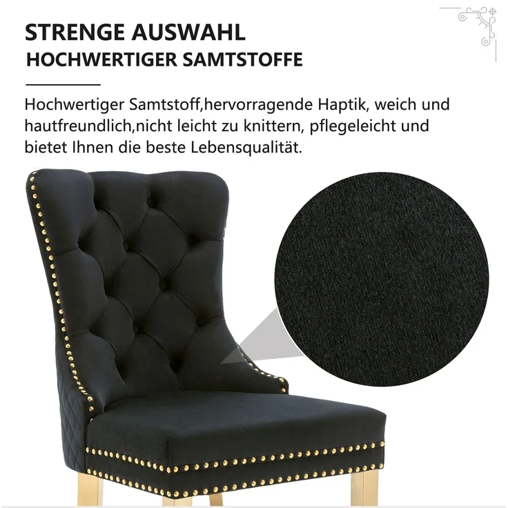 Esszimmerstuhl mit Samtbezug, Edelstahlbeinen und Türklopfer-Design, luxuriöser Polsterstuhl mit Nagelkopfverzierung,verstellbare Füße,Schwarz – Bild 8