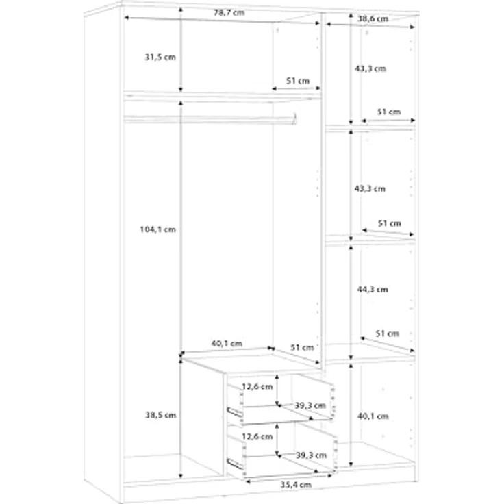 FORTE NIKO Schrank 120 130, Kleiderschrank mit Spiegel, Drehtürenschrank Skandinavisch 3-türig, mit 2 Schubladen, Einlegeböden und Kleiderstange, Sonoma Eiche, 123 cm breit x 185 cm hoch x 53 cm tief – Bild 6
