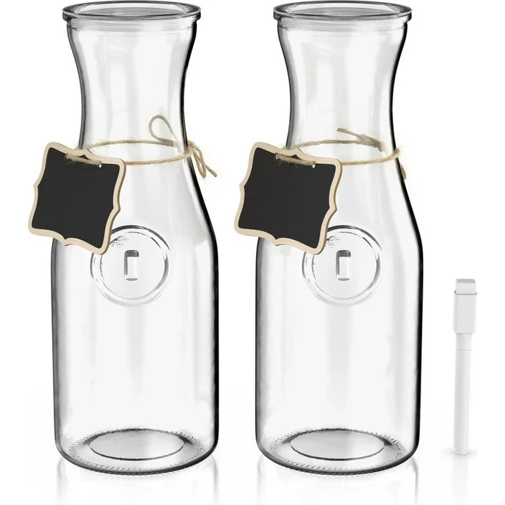 Arendo Karaffe Glaskaraffe mit Deckel, Wasserkaraffe, Glaskrug 2er Set 1L, (Set, 2-tlg, 2 Karaffen mit Deckeln und 2 Holztafel-Etiketten), Kalt- und Warmgetränke, 1000 ml, hochwertiges, robustes Klarglas – Bild 2