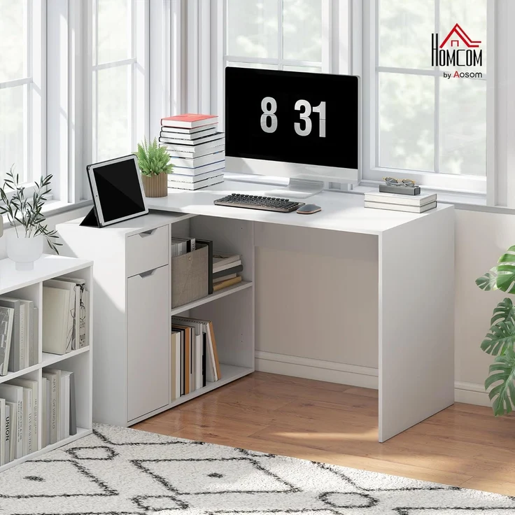 HOMCOM Eckschreibtisch mit Offenen Ablagen, Schublade, 1 Tür (Computertisch, 1-St, Winkelschreibtisch), für Dokumente im A4-Format, Arbeitszimmer, 120 x 96 x 75 cm, Weiß – Bild 2