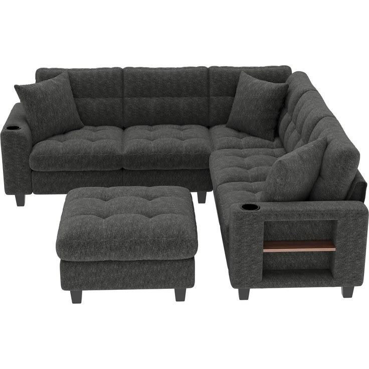 ZUBALIYA Modulare Wohnlandschaft, mit Stauraum, mit USB-C-Anschluss, modular kombinierbar, mit Getränkehaltern, mit Hocker, H 83 × T 216.5 × B 216.5 cm, Grau, Chenille – Bild 12