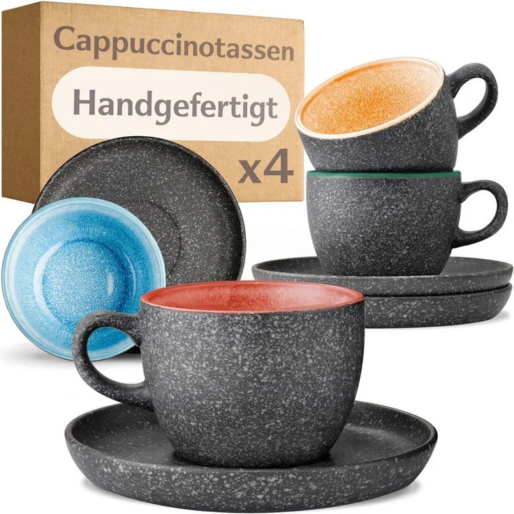 Cosumy Cappuccinotasse Cappuccino Tassen mit Untertassen 4er Set Bunt, 8-tlg, Keramik, Warm – Bild 5