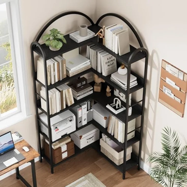 GarveeLife 5-Stufige Eckbibliothek, Bibliothek Aufbewahrun-l-Förmige Eckregal, Stehregal & Aufbewahrungsregal Für Wohnzimmer, Schlafzimmer, Büro & Arbeitszimmer 78p x 78l x 174h-Schwarz – Bild 2