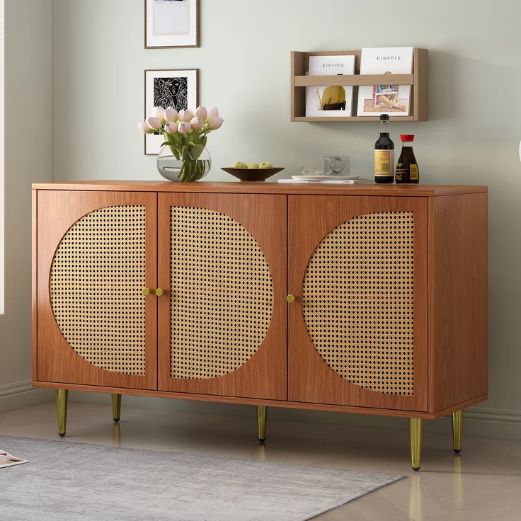 Sideboard, mit 3 Rattantüren, Metallbeinen & verstellbaren Böden, 129,8x40x76 cm, Walnuss – Bild 5