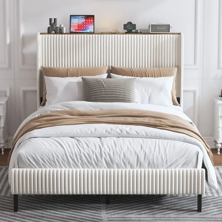 STILVORA Polsterbett 140x200 mit Stoffköpfchen,Jugendbett Bettgestell aus Cord-Stoff