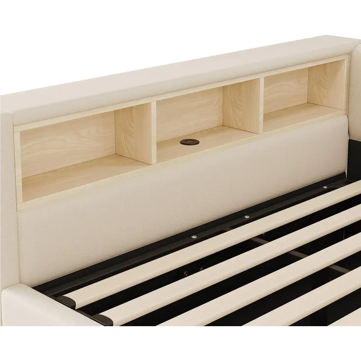 Schlafsofa mit LED-Streifen, Lattenrost, Regal, Rückenlehne, Aufbewahrung, Type-C und USB, 140x200 cm, Polsterbett, Stauraumbett, Tagesbett, Leinen – Bild 9
