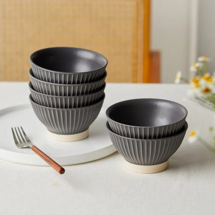 JIWOO Schale 6er Ø12cm, Müslischale Eisschale FrühstückSchale Dessertschale, Keramik, (Set, 24-tlg), Ø12 cm Hochwertiges Matt Schalen Grau Mikrowellenofen Spülmaschine – Bild 3