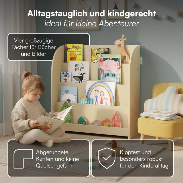 Bellabino 'Baru' Kinderbücherregal, Holz, natur unbehandelt, 88x30x80 cm, Montessori Kinderregal mit 4 Ablagefächern – Bild 3
