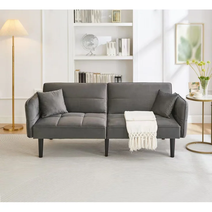 Schlafsofa Samt 2-in-1 verstellbar, mit klappbaren Armlehnen,Sofabett mit Massivholzfüßen & 2 Kissen,Grau – Bild 5
