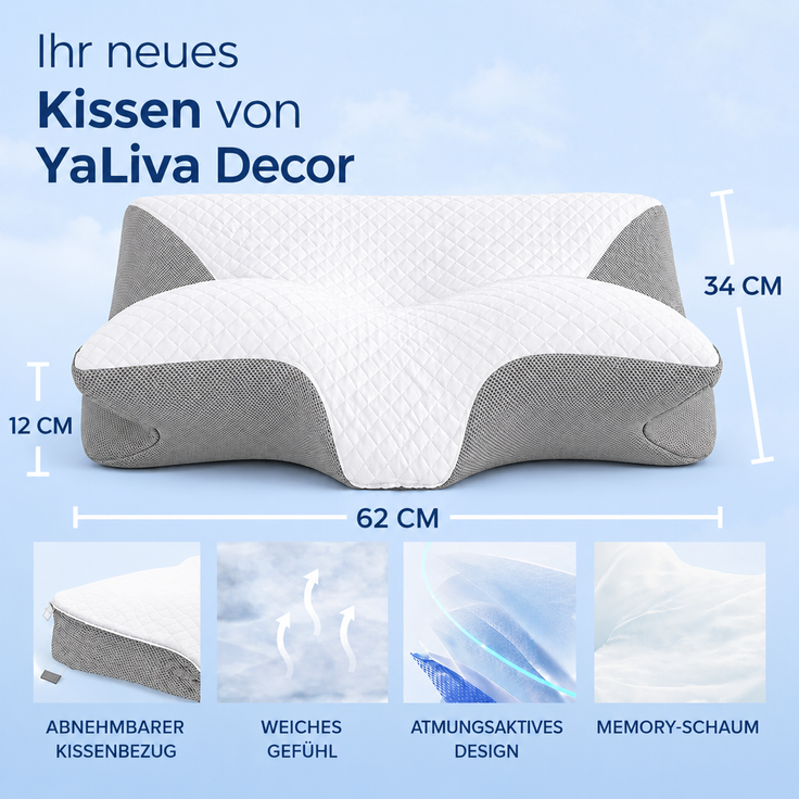 YaLiva_Decor® Kopfkissen ergonomisch, orthopädisch gegen Nackenschmerzen & mit Memory Foam, Grau, 62 x 34 x 12 cm – Bild 2