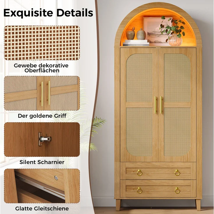 DESVIAE Garderobenschrank Natur aus MDF/Spanplatte – 76x184x50 cm – LED-Beleuchtung, 2 Schubladen – Bild 6