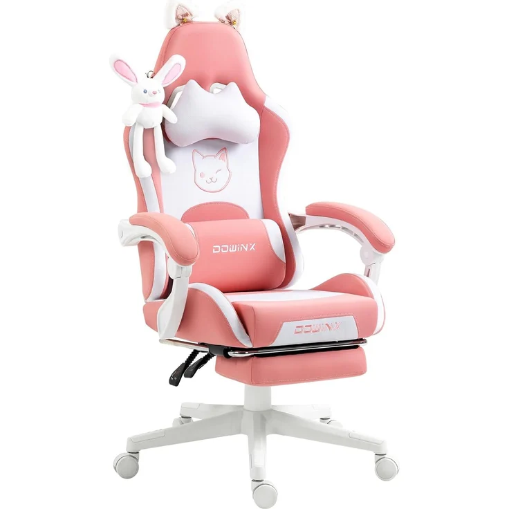 Dowinx Gaming Stuhl - Süße Katze Edition - Ergonomischer Computerstuhl mit Hoher Rückenlehne und Lendenwirbelstütze, PU-Leder, Fußstütze,Rosa