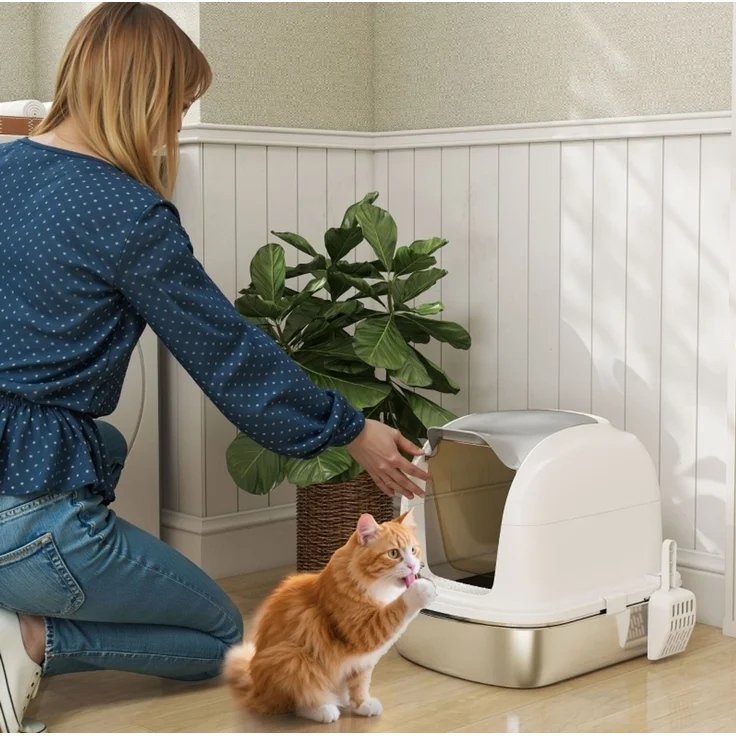 Katzentoilette aus Edelstahl mit aufklappbarem Deckel, 52,4x41,3x42 cm, Weiß – Bild 6