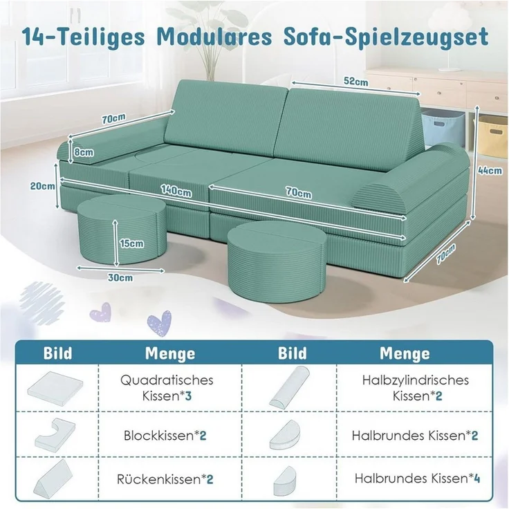 TLGREEN Kindersofa Spielsofa Cord, 15-Teiliges Modulare Kinderspielcouch, Kindersofa-Bausteine, Spielsofa für Kinder, kreatives Spielen für Kuschelecke im Kinderzimmer – Bild 2