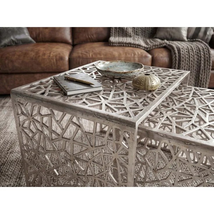 2er Set Couchtisch Aluminium Silber - Design Beistelltisch Set - Metalltisch Wohnzimmertisch modern Alu - Sofatisch rechteckig Metall - Loungetisch Set Satztisch Handmade – Bild 5